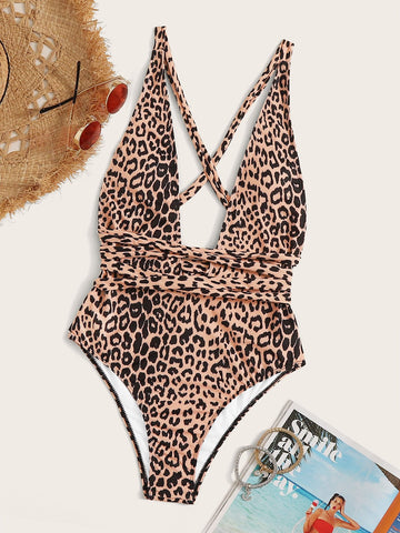 Costume da bagno intero incrociato leopardo