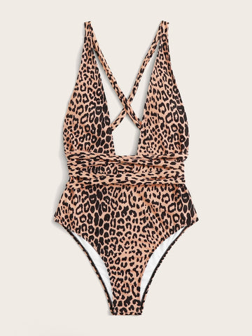 Costume da bagno intero incrociato leopardo