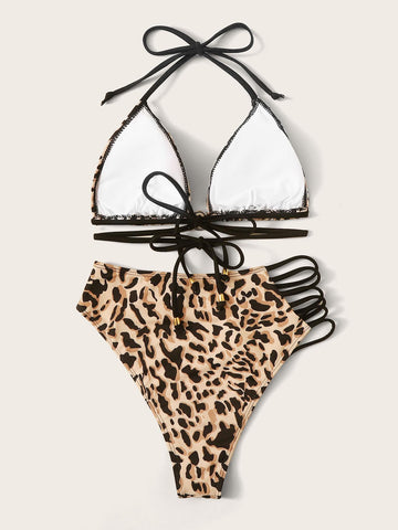 Set bikini con vita alta e Top con capestro e stampa leopardata