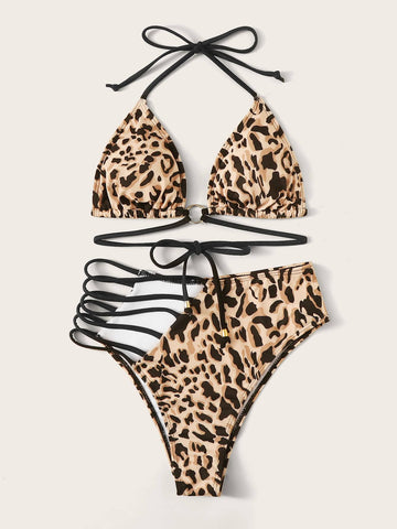 Set bikini con vita alta e Top con capestro e stampa leopardata