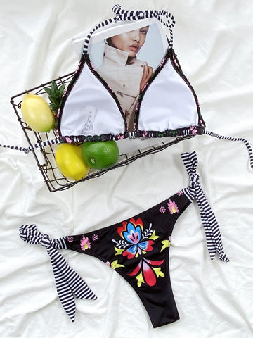 Costume da bagno bikini con cravatta laterale e stampa di piante