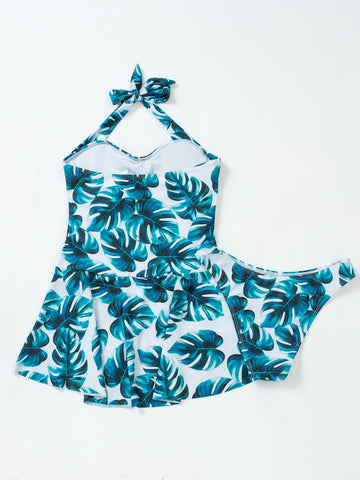 Costume da bagno bikini con annodatura al collo con stampa tropicale con volant