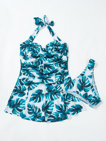 Costume da bagno bikini con annodatura al collo con stampa tropicale con volant