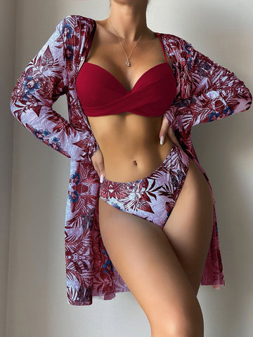 Costume da bagno bikini push up con stampa tropicale con Kimono