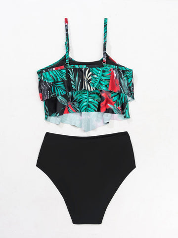 Bikini con stampa tropicale volant a strati