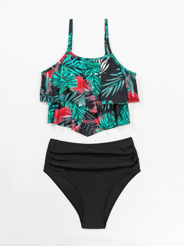 Bikini con stampa tropicale volant a strati