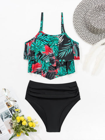 Bikini con stampa tropicale volant a strati