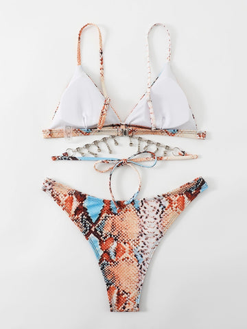 Bikini con stampa effetto serpente con strass