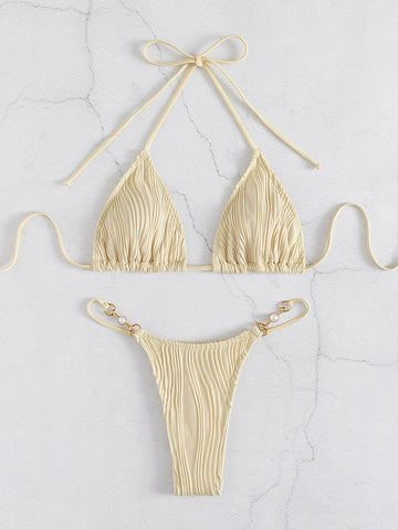 Costume da bagno bikini a triangolo con scollo all'americana collegato a catena