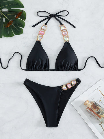 Costume da bagno bikini con annodatura al collo collegato a catena