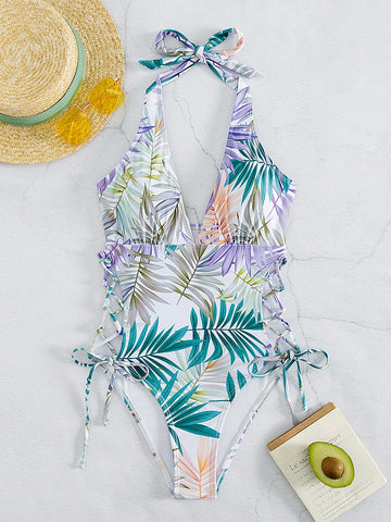 Costume intero con stampa tropicale lacci laterali halter