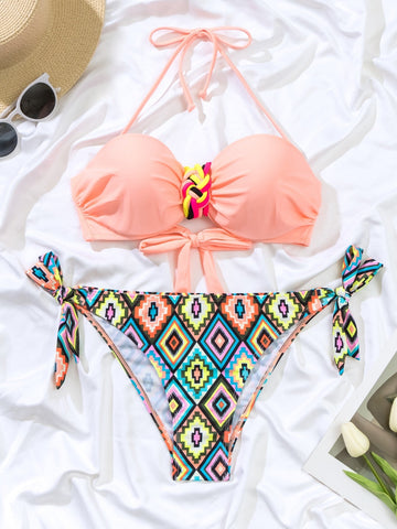 Costume da bagno bikini push up con stampa geo e slogan halter