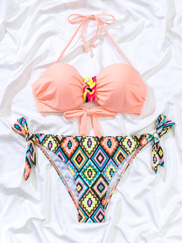 Costume da bagno bikini push up con stampa geo e slogan halter