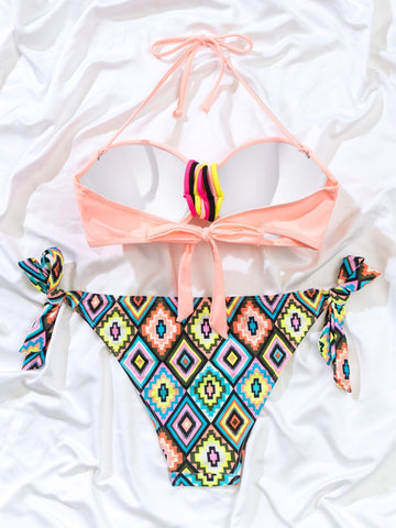 Costume da bagno bikini push up con stampa geo e slogan halter