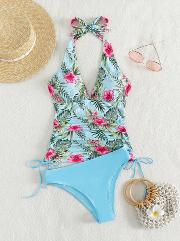 Costume da bagno bikini con annodatura al collo con stampa tropicale coulisse laterale