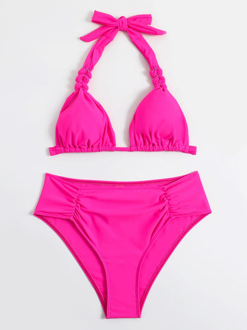 Bikini plissettato halter triangolo vita alta