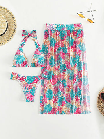 Costume da bagno bikini a triangolo con scollo all'americana con stampa tropicale con Gonna da spiaggia