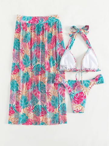 Costume da bagno bikini a triangolo con scollo all'americana con stampa tropicale con Gonna da spiaggia