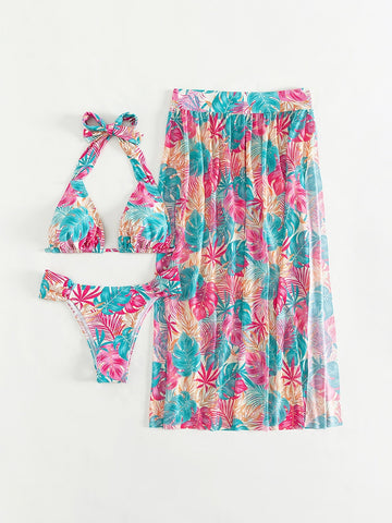 Costume da bagno bikini a triangolo con scollo all'americana con stampa tropicale con Gonna da spiaggia