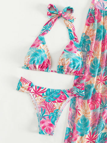 Costume da bagno bikini a triangolo con scollo all'americana con stampa tropicale con Gonna da spiaggia