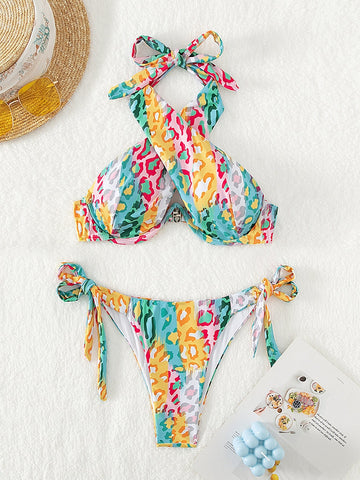 Costume da bagno bikini con ferretto con stampa leopardo incrociato