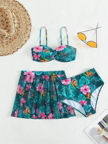 Costume da bagno bikini push-up con stampa tropicale con Gonna da spiaggia