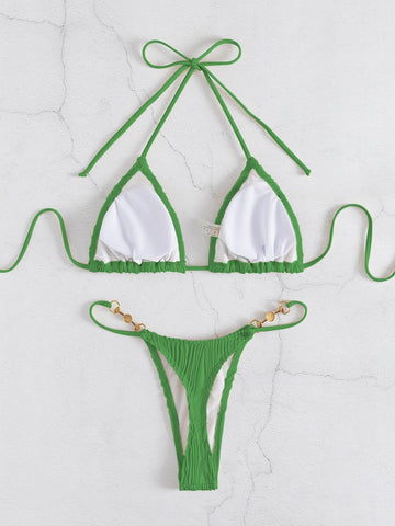 Costume da bagno bikini a triangolo con scollo all'americana collegato a catena