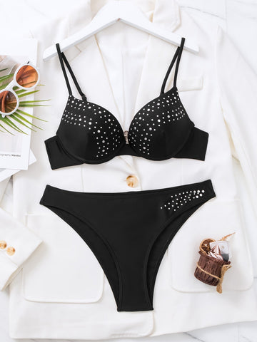 Costume da bagno bikini push up con strass con borchie