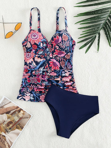 Costume da bagno bikini push up con stampa floreale plissettato