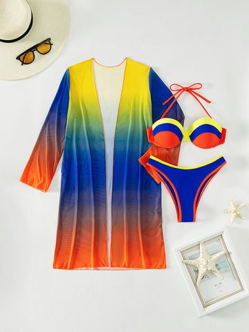 Costume da bagno bikini push up color block halter con Kimono