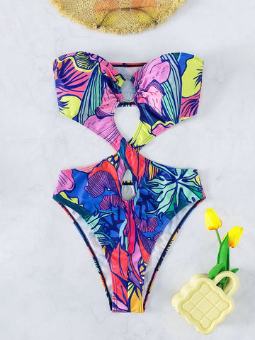 Costume intero con stampa tropicale cut out