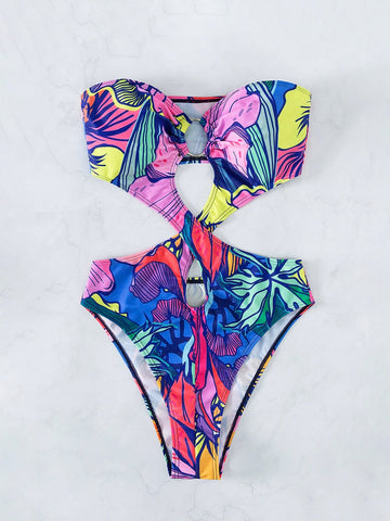 Costume intero con stampa tropicale cut out