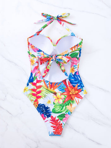 Costume intero push-up con stampa tropicale halter