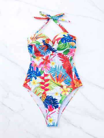 Costume intero push-up con stampa tropicale halter