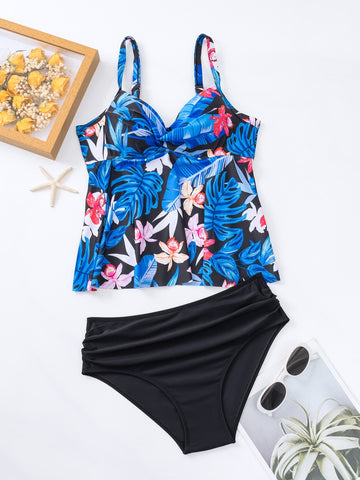 Bikini con stampa tropicale plissettato