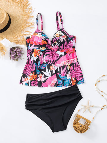 Bikini con stampa tropicale plissettato