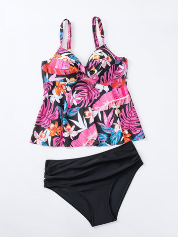 Bikini con stampa tropicale plissettato