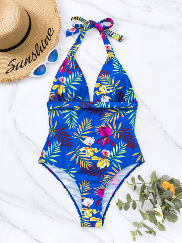 Costume intero con stampa tropicale halter