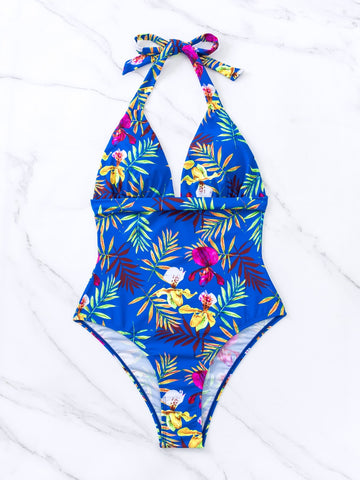 Costume intero con stampa tropicale halter