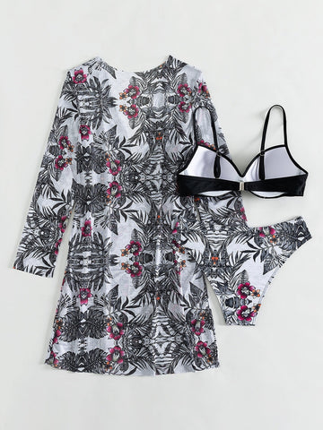 Costume da bagno bikini push up con stampa tropicale con Kimono