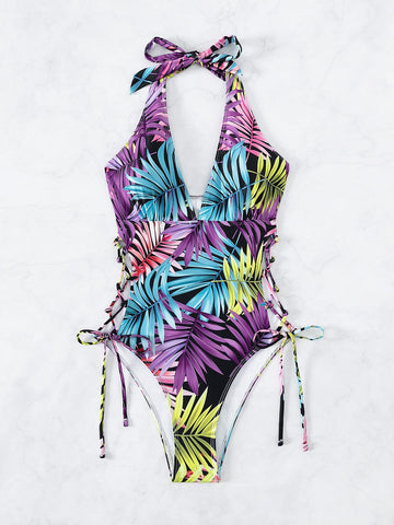 Costume intero con stampa tropicale lacci laterali halter