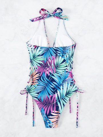 Costume intero con stampa tropicale lacci laterali halter