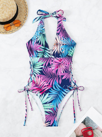 Costume intero con stampa tropicale lacci laterali halter