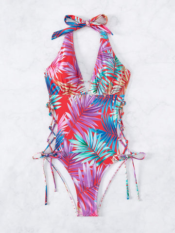 Costume intero con stampa tropicale lacci laterali halter