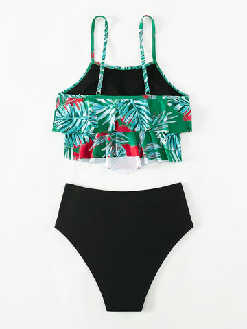 Bikini con stampa tropicale volant a strati