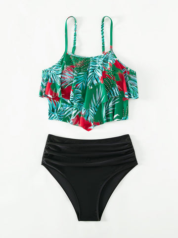 Bikini con stampa tropicale volant a strati