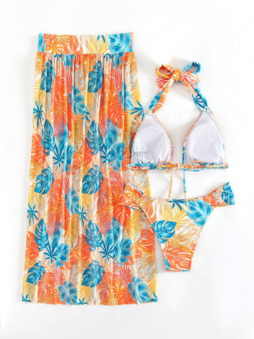 Costume da bagno bikini a triangolo con scollo all'americana con stampa tropicale con Gonna da spiaggia