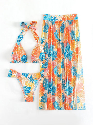 Costume da bagno bikini a triangolo con scollo all'americana con stampa tropicale con Gonna da spiaggia