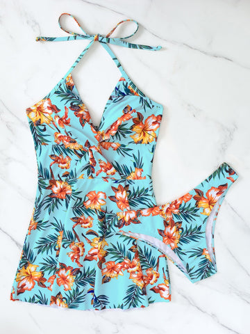 Bikini con stampa tropicale multistrato con volant