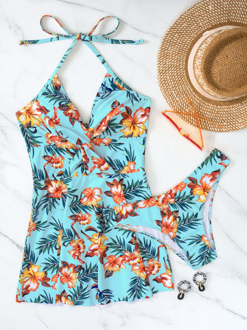 Bikini con stampa tropicale multistrato con volant